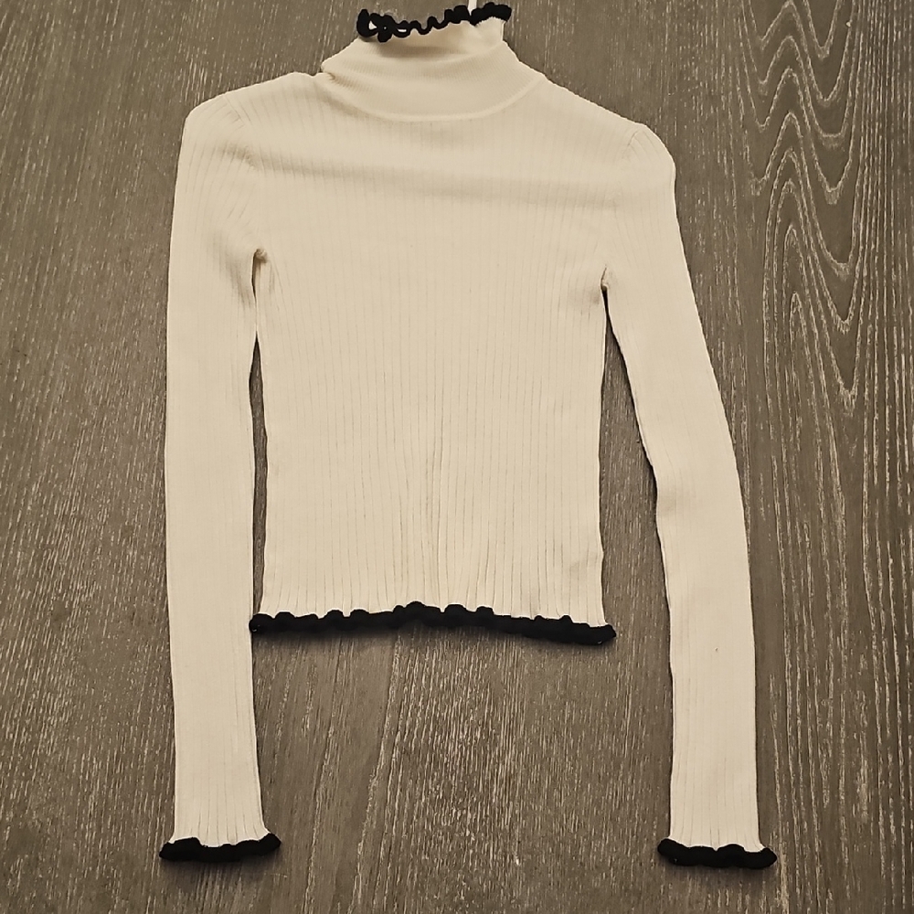 Forever 21 White Long Sleeve Top with Black Ruffle Trim
